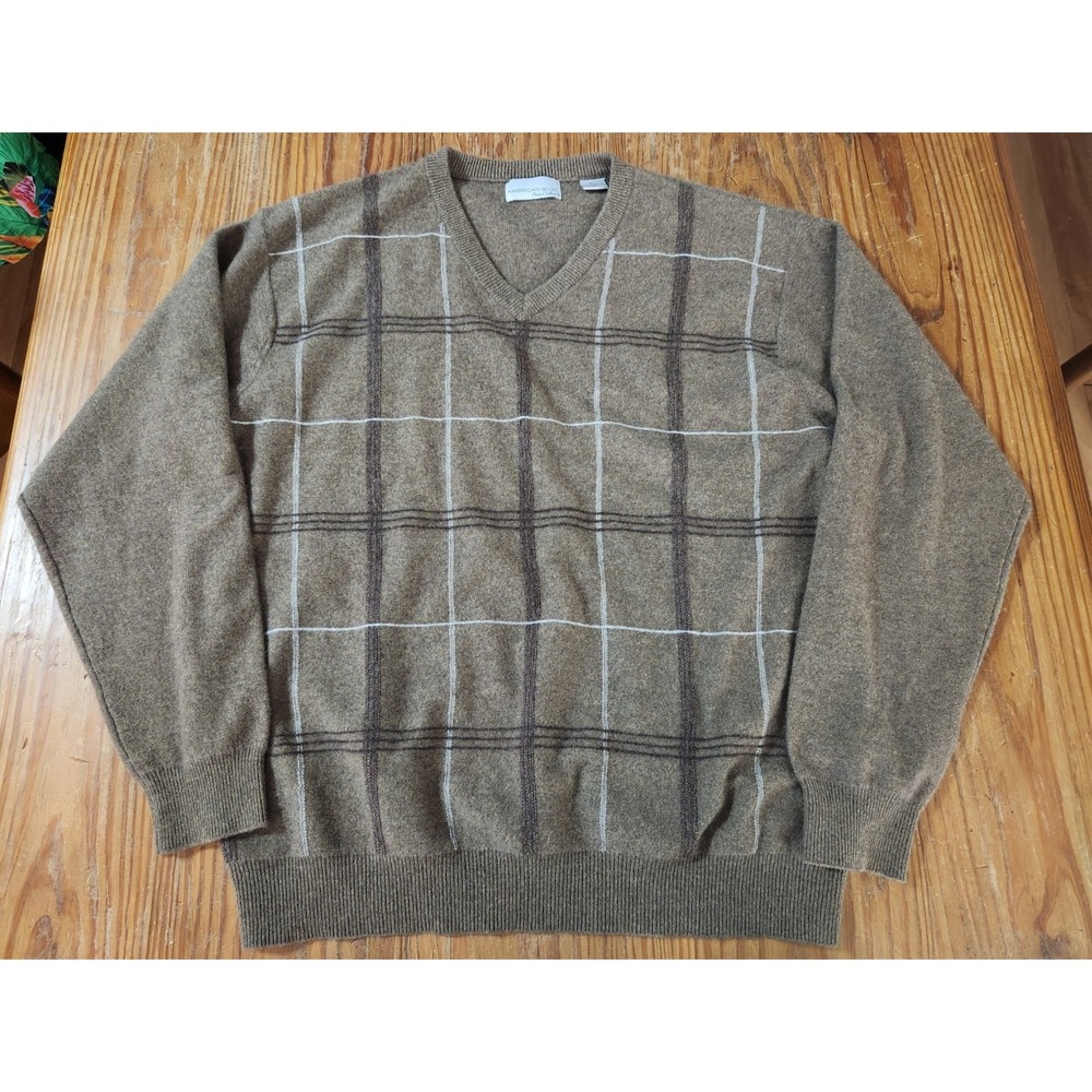 American Blue Mens Pure Cashmere V-Neck Windowpane Brown Sweater XL Quiet Luxury